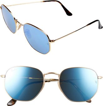 Ray-Ban 54mm Hexagonal Flat Lens Sunglasses in Gold/Blue at Nordstrom
