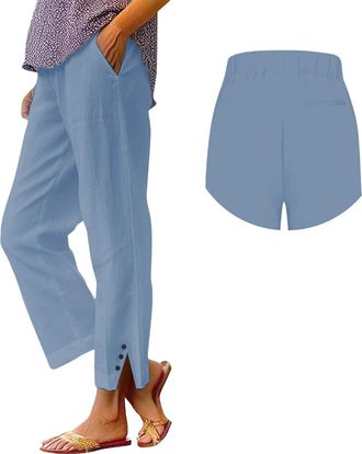 Generic Cotton Linen Trousers Womens Summer Loose Palazzo Lounge Pants With Pockets Elastic Waist Wide Leg Boho Trousers Ladies Casual Tracksuit Bottom Jogger