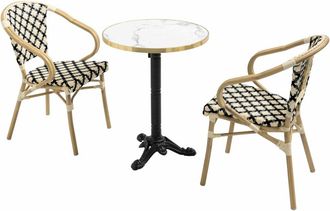 Oviala Conjunto mesa terraza mármol blanco y 2 sillas negras