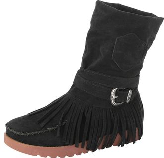 Generic Shoes Casual Fashion Toe Short Womens Fringe Boots Round Flat Womens Boots Women Flat Short Boots (Black, 3.5)