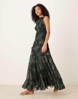 Asos Vestito lungo arricciato verde con stampa cachemire e scollo a barchetta-Multicolore