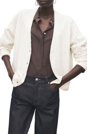 Mango Cable V-Neck Cardigan in Ecru at Nordstrom, Size X-Large