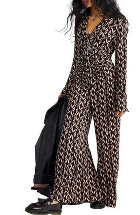 Free People Shayla Long Sleeve Wide Leg Jumpsuit in Black Combo at Nordstrom Rack, Size Large