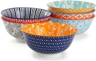 Elama Roxey 6 Piece Assorted Design 20oz Porcelain Footed Bowl Set color in Multi at Nordstrom