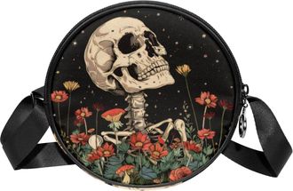 Generic Circle Crossbody Bag for Women, Skeleton Flowers Small Sling Bag Daypack with Zipper Adjustable Shoulder Straps Casual Ladies Girls Round Purse