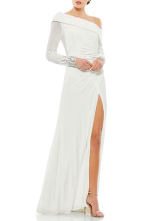 Mac Duggal Beaded Cuff Drop Shoulder Faux Wrap Gown in White at Nordstrom, Size 2