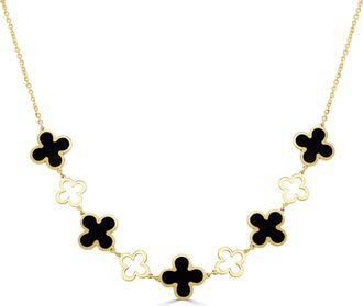 Italian Gold, Inc 14K Yellow Gold Alternating Clover & Open Clover Necklace 9 Stations - Onyx