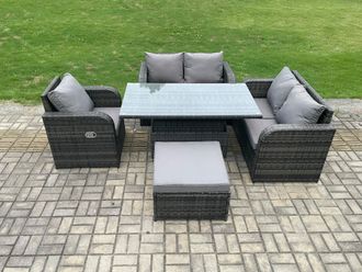 Fimous Wicker PE Rattan Furniture Garden Dining Set Outdoor Height Adjustable Rising lifting Table Love Sofa in Dark Grey