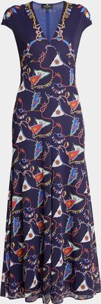 Etro Nautical Print Jersey Cap-Sleeve Maxi Dress