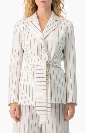 Ivonne Pinstripe Self-Tie Belted Wrap Tailored Blazer in White at Nordstrom, Size 10