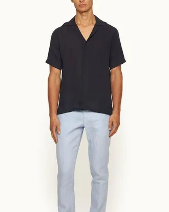 Orlebar Brown Maitan Lino Relaxed Fit Capri Collar Italian Linen Shirt in Night Iris at Nordstrom, Size Xxx-Large