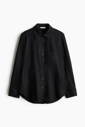 H&M Linen Shirt in Black at Nordstrom, Size Xx-Small