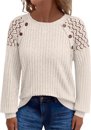Generic Ladies Jumpers Trendy Plus Size Lace Knitted Jumpers Autumn Winter Warm Pullover Sweaters Dressy Casual Ribbed Knit Sweaters Smart Casual Jumper Comfy