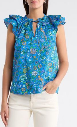 Sugarlips Siya Heidy Floral Flutter Sleeve Cotton Top in Blue-Greens at Nordstrom, Size X-Small