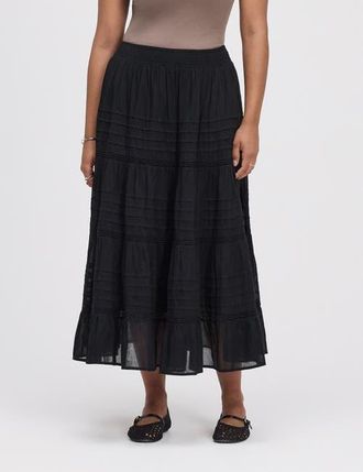 Finery Imani Cotton Tiered Midi Skirt in Black at Nordstrom, Size 14