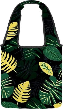 Generic Tropical Leaves Pattern Reversible Canvas Shoulder Tote - Double-Sided Print, 12oz Cotton, 27cm Drop, Fold-Flat Bag for Travel, Shopping, Street Outin