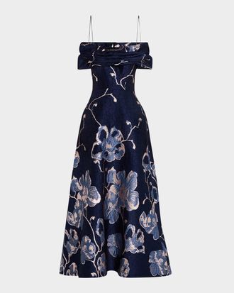 Teri Jon Off-Shoulder Metallic Jacquard Gown