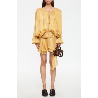 Lioness Elements Pleated Long Sleeve Minidress in Apricot at Nordstrom, Size X-Small