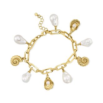 Ross-Simons 14kt Yellow Gold-Plated Paper Clip Link Seashell Charm Bracelet With Simulated Baroque Pearls