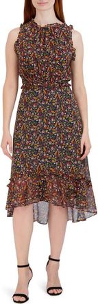 Julia Jordan Floral Ruffle Trim Sleeveless Midi Dress in Navy Multi at Nordstrom Rack, Size 10