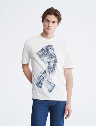 Calvin Klein Mens Denim Jeans Graphic Crewneck T-Shirt - White - XS