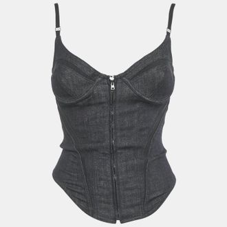 MUGLER Dark Blue Denim Mesh Detail Corset Top