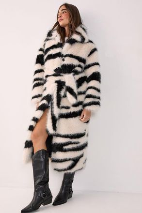NASTY GAL Faux Fur Collared Longline Coat in Mono at Nordstrom, Size 4