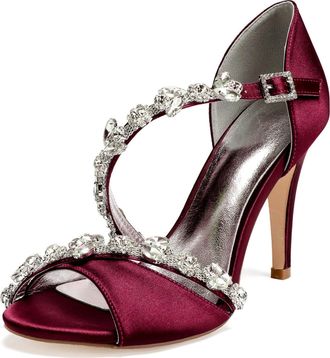 Generic Wedding Bridal Shoes Womens Heels Ankle Strap High Heels Heeled Open Toe Satin Bridal Stiletto Sandals 10.5Cm,Wine red,9 UK