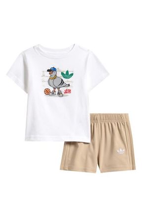 adidas 3-Stripes Woven T-Shirt & Shorts Set in White/Brown Multi at Nordstrom, Size 24M