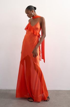 Topshop Satin & Chiffon Ruffle Maxi Slipdress in Orange at Nordstrom, Size 10 Us
