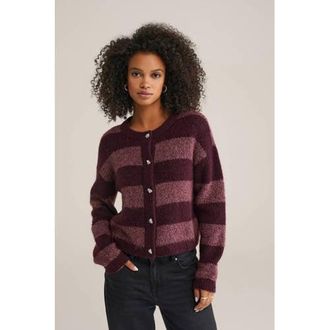 WE Fashion gestreepte cardigan met wol donkerrood