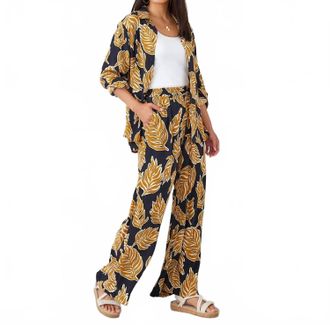 Karen Kane Paula Palm Leaf Print Wide Leg Pants In Navy And Gold
