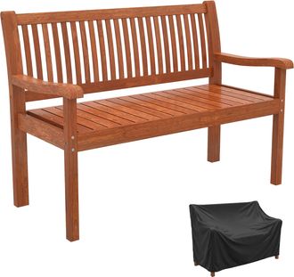 OUTSUNNY Banco De Jard&iacute;n De Madera, Banco De Exterior De 2 Plazas Con Funda Impermeable, Respaldo Ergon&oacute;mico, Carga 240 Kg, 125x62x90 Cm, Marr&oacute;n Claro