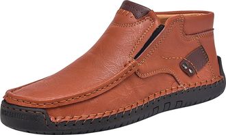 Generic Mens Handmade Leather Slip-On Shoes High Top Flat Moccasins Soft Sole Comfortable Loafers Non-Slip Breathable Casual Shoewear for Outdoor Driving and 