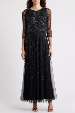 Pisarro Nights Beaded Mesh Gown with Jacket in Black/Gunmetal 068 at Nordstrom, Size 12
