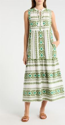 Elan Sleeveless Cotton Cover-Up Midi Dress in White Green at Nordstrom, Size X-Small