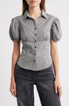 Lioness Mon Cheri Puff Sleeve Shirt in Onyx Gingham at Nordstrom Rack, Size Medium