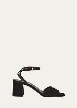 Prada 65mm Triangle Logo Suede Block-Heel Sandals