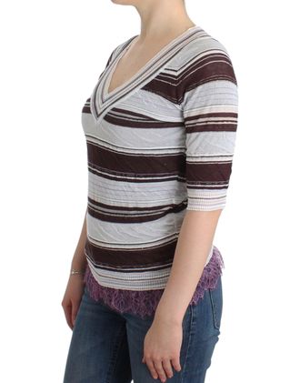 Ermanno Scervino Womens Striped Lace V-Neck Short Sleeve Top Sweater Rayon Blend