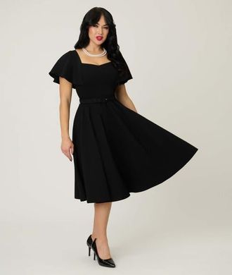 Unique Vintage Flutter Sleeve Belted Swing Dress in Solid Black at Nordstrom, Size X-Large