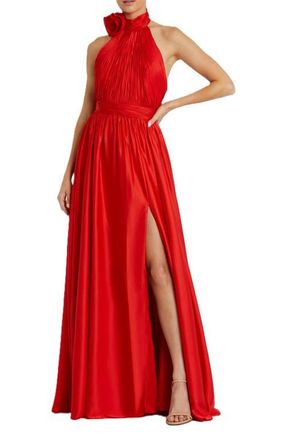 Mac Duggal Soft Tie Halter Neck High Slit Gown in Cherry at Nordstrom, Size 22