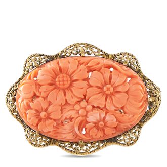 Luxury Bazaar Antique 14K Yellow Gold Carved Coral Floral Brooch MF04-092226
