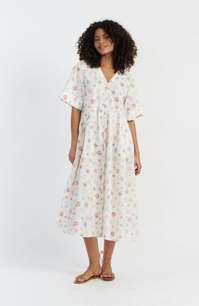 Chinti and Parker Linen-Cotton Etoile V-Neck Sundress in Cream at Nordstrom, Size Medium