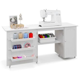Costway Costway Large Foldable Sewing Table Rolling Drop Leaf Craft Table with Lockable Casters in White