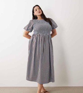 New Look Plus New Look Curve - Vestito midi arricciato blu a righe