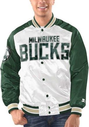Starter Mens Starter White/Hunter Green Milwaukee Bucks Renegade Satin Full-Snap Varsity Jacket at Nordstrom, Size Large