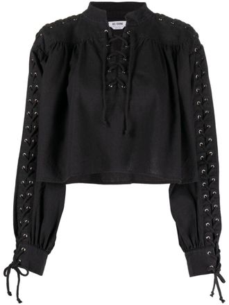 Re/Done Pirate lace-up linen-blend blouse - Black