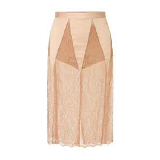Elisabetta Franchi Midi kokerrok met kanten inzetstukken en satijnen finish - Dames - Rokken - Bruin - Maat: XS Satijn