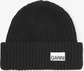 Ganni Black Oversized Wool Rib Knit Beanie