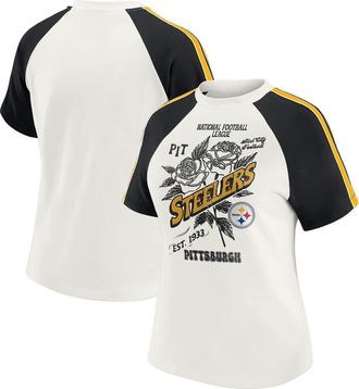 WEAR by Erin Andrews Womens WEAR by Erin Andrews White Pittsburgh Steelers Sleeve Stripe Distressed Raglan T-Shirt at Nordstrom, Size Medium